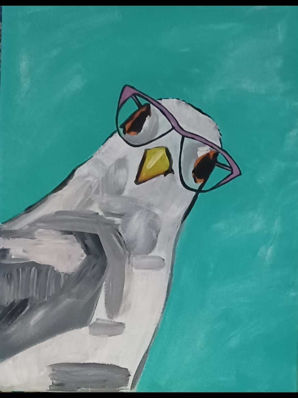 Original Acrylic Playful Teal Seagull Painting with Pink Glasses